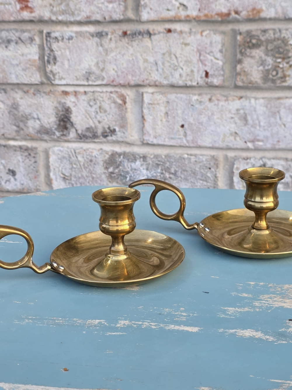 Vintage Brass Chamberstick Candle Holders Pair Finger Loop